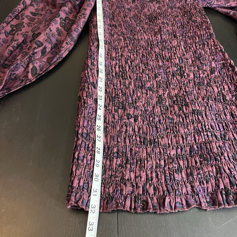 Free People Smock It To Me Mini Dress XS Burgundy Floral Puff Sleeve Cotton NEW - Picture 13 of 13